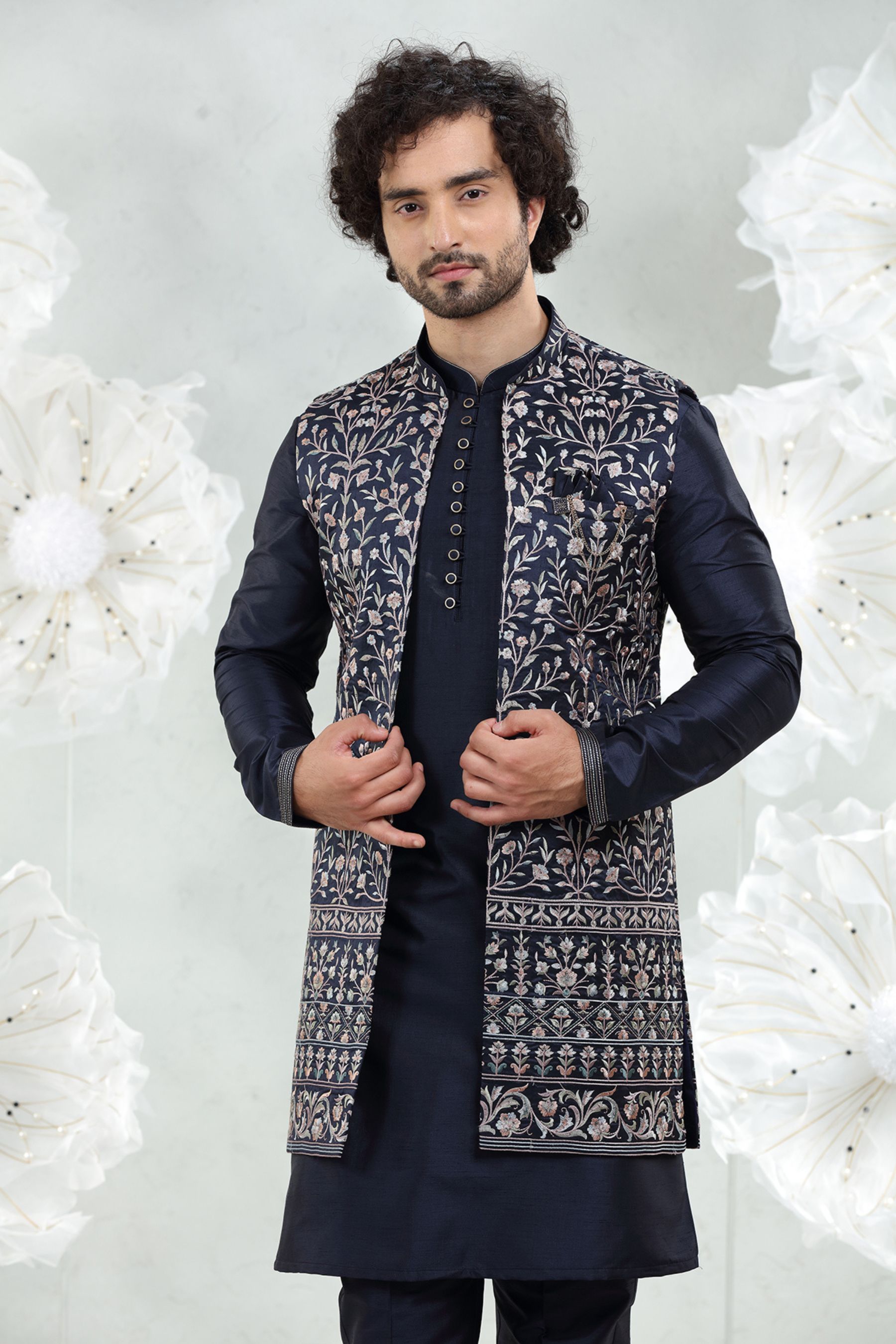 NAVY BLUE EMBROIDERED JACKET SET